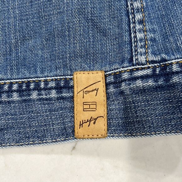 Tommy Hilfiger Womens Embroidered Y2K Jean Denim Jacket Distressed Sz L - Picture 11 of 14